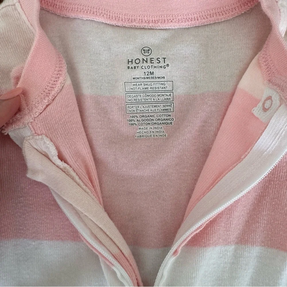 The Honest Company Baby Girl Pink and White Striped One Piece Footed Pajama 12M